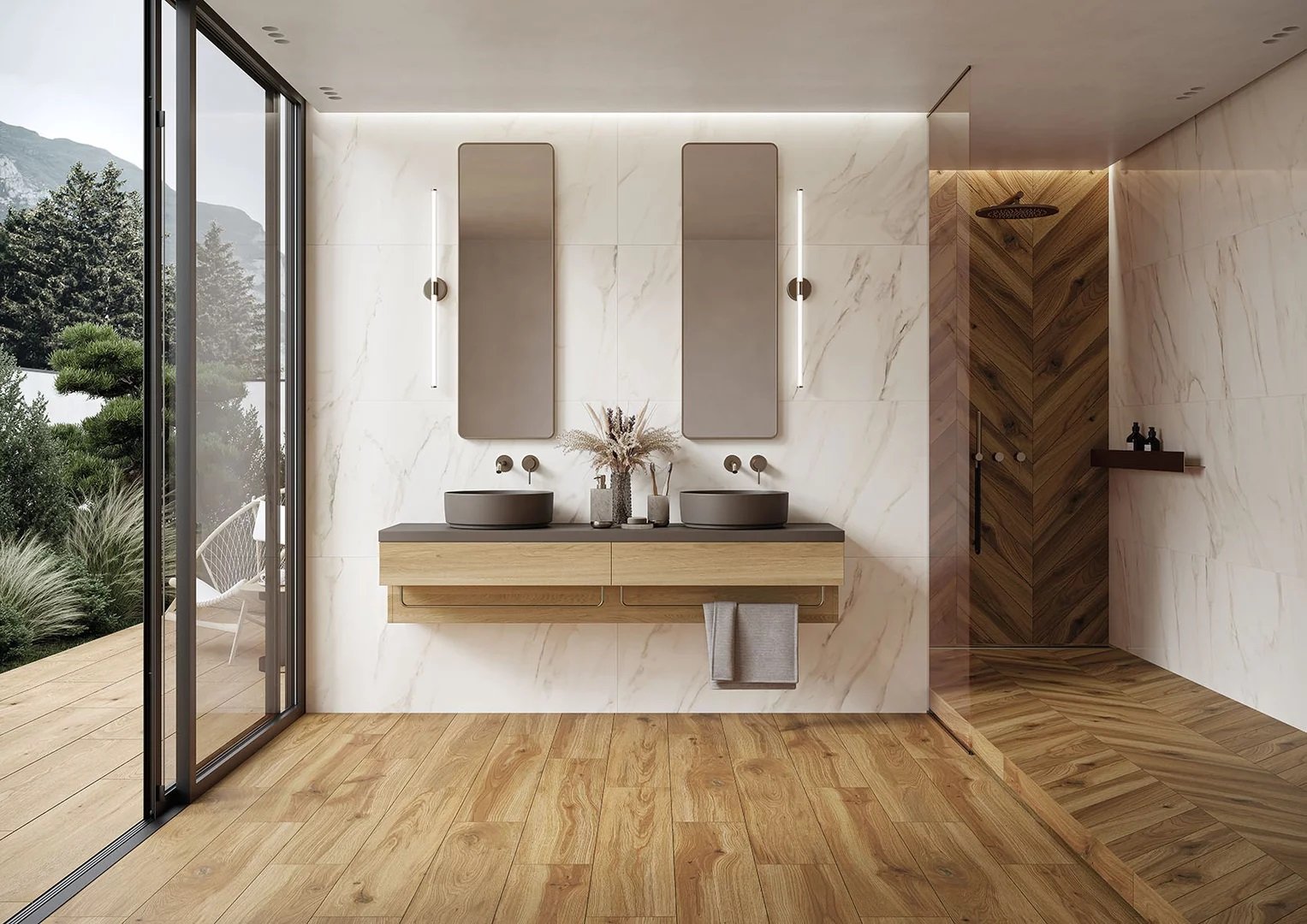 #Koupelna #Obytné prostory #dřevo #Moderní styl #hnědá #Extra velký formát #Matná dlažba #1000 - 1500 Kč/m2